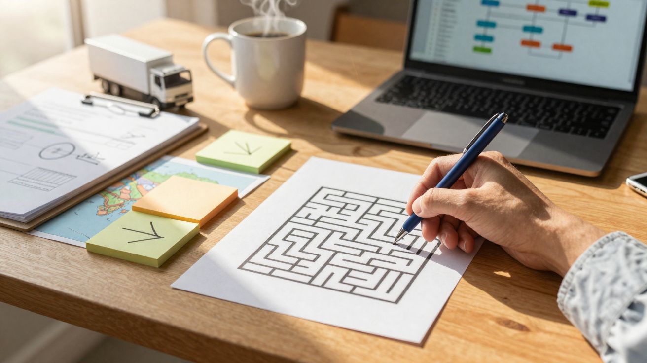 Pessoa a resolver um labirinto desenhado numa folha, com laptop, notas e chá numa mesa de madeira.