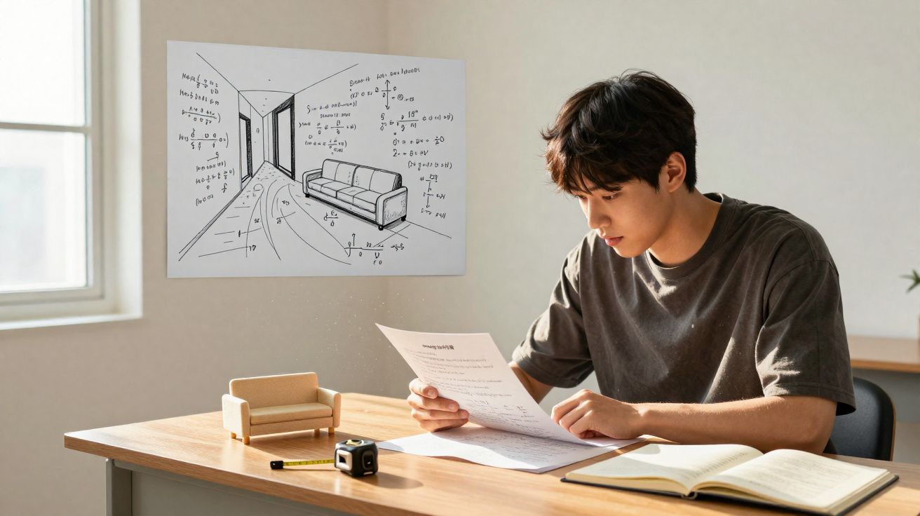 Homem jovem sentado a estudar numa mesa com sofá em miniatura e quadro com fórmulas matemáticas numa sala iluminada.