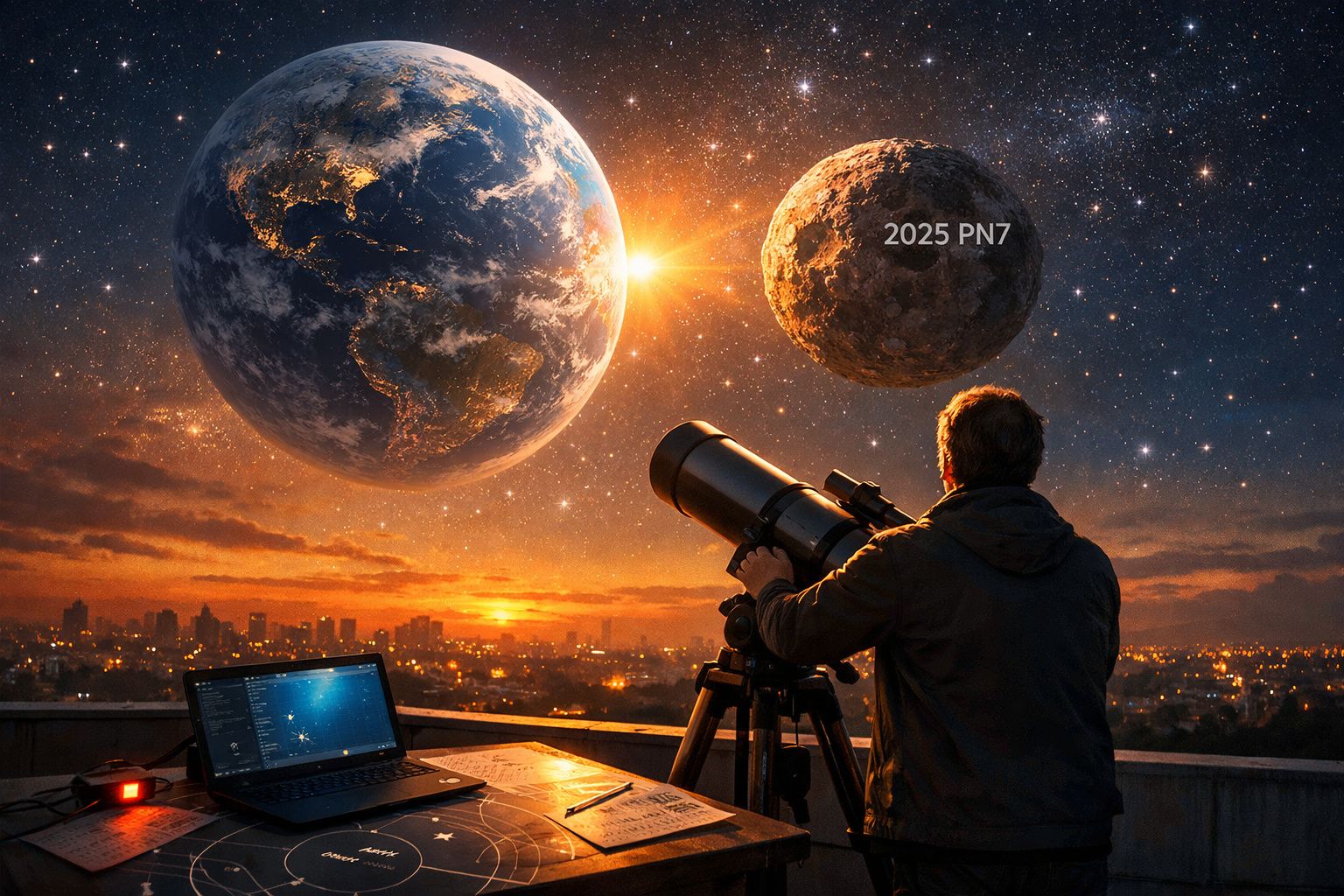 Homem observa o planeta Terra e o asteroide 2025 PN7 ao anoitecer com telescópio na cidade.