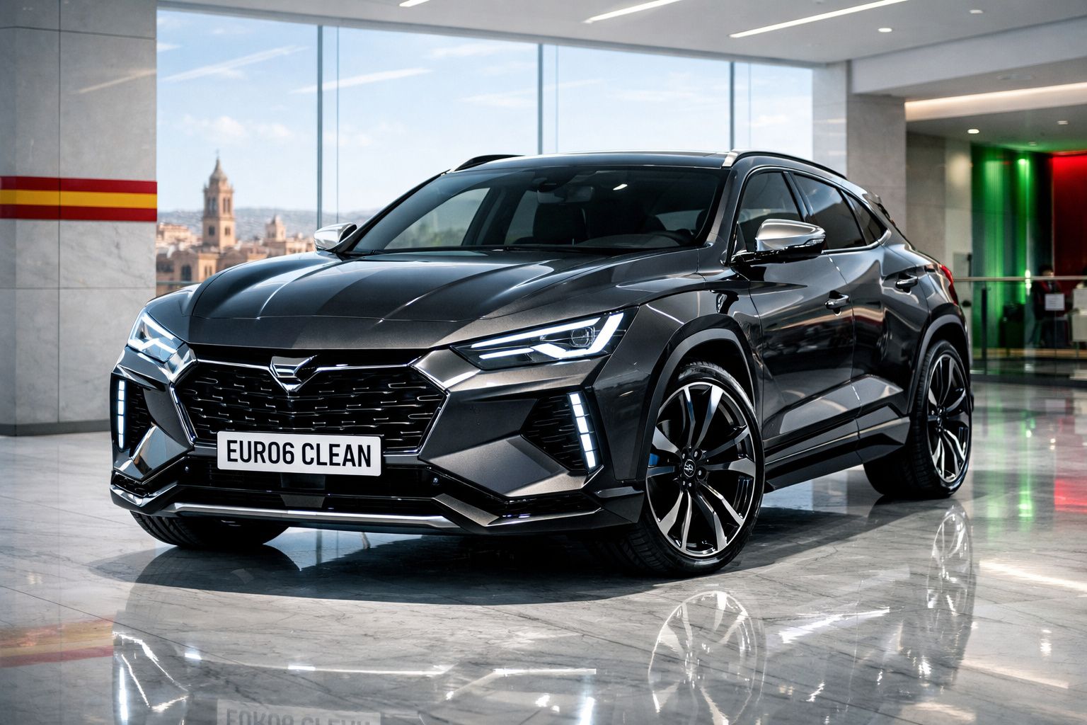 Carro SUV preto moderno estacionado em showroom com luzes LED acesas e placa dianteira "EUR06 CLEAN".