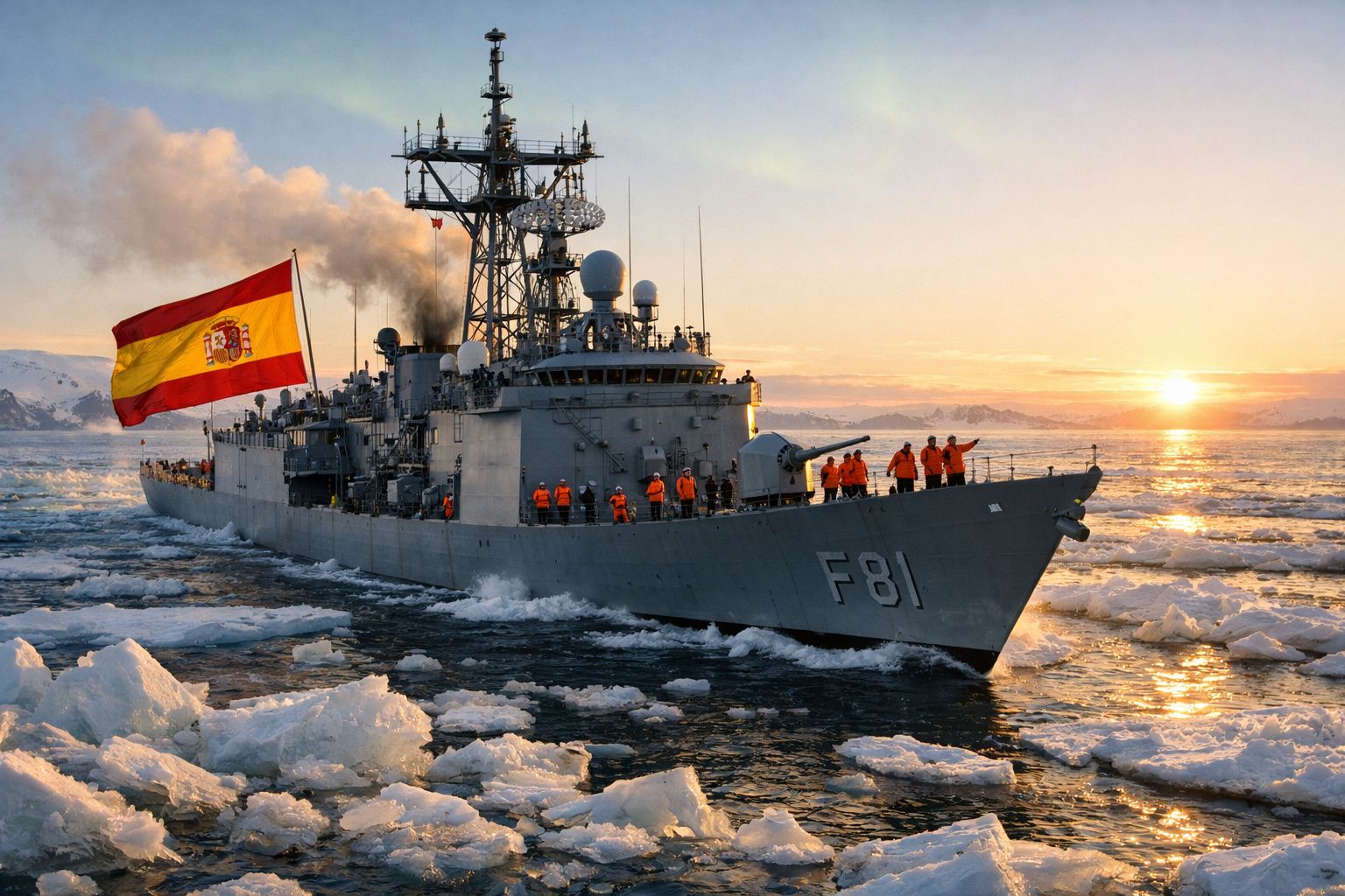 Navio de guerra espanhol F81 a navegar entre blocos de gelo ao pôr do sol.