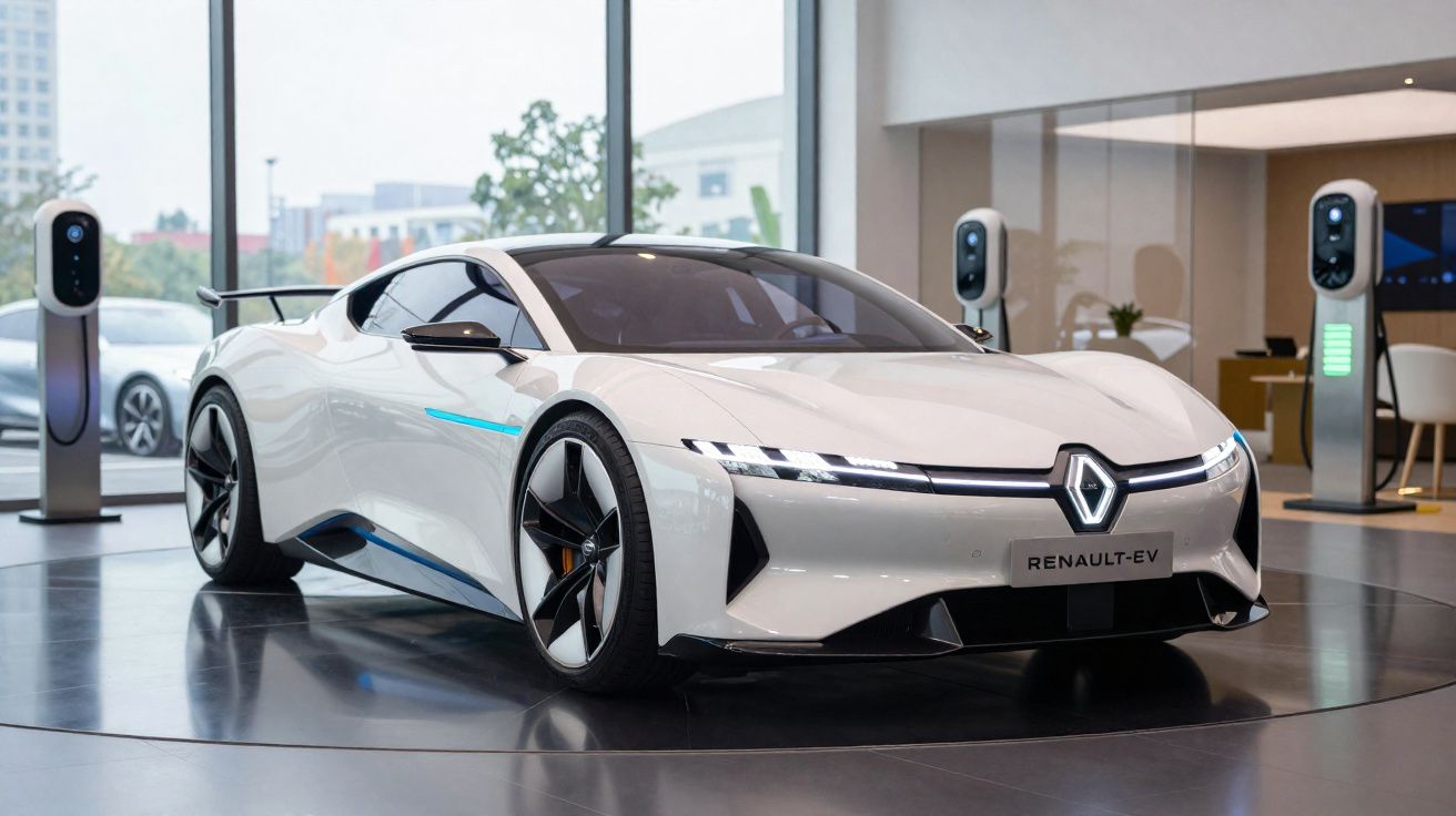Carro elétrico desportivo Renault branco em exposição numa sala moderna com estações de carregamento.