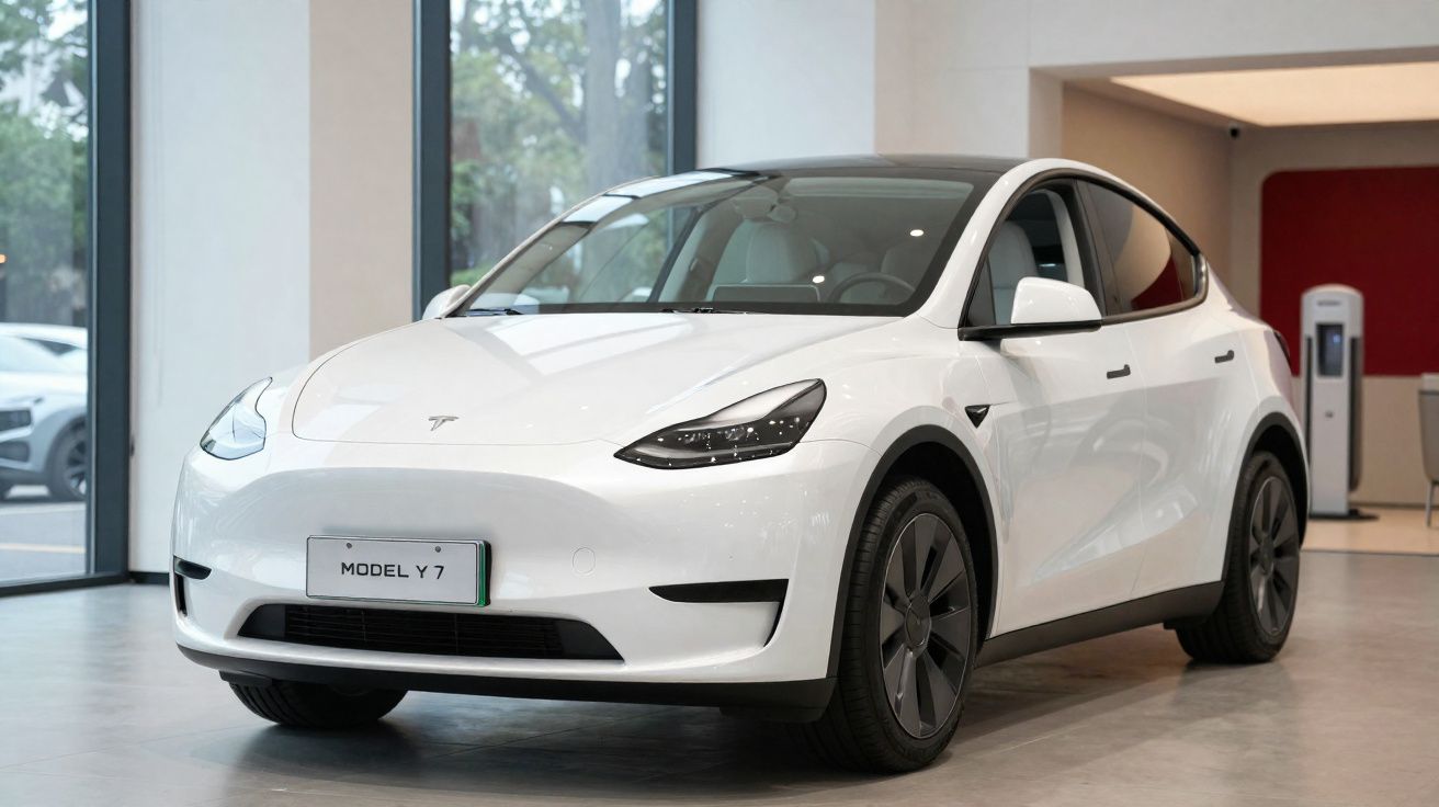 Automóvel elétrico Tesla Model Y 7 branco estacionado num interior moderno e luminoso.