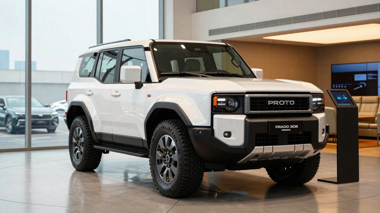 Carro SUV branco Proto Prado 305 em exposição dentro de showroom moderno com chão cinzento.