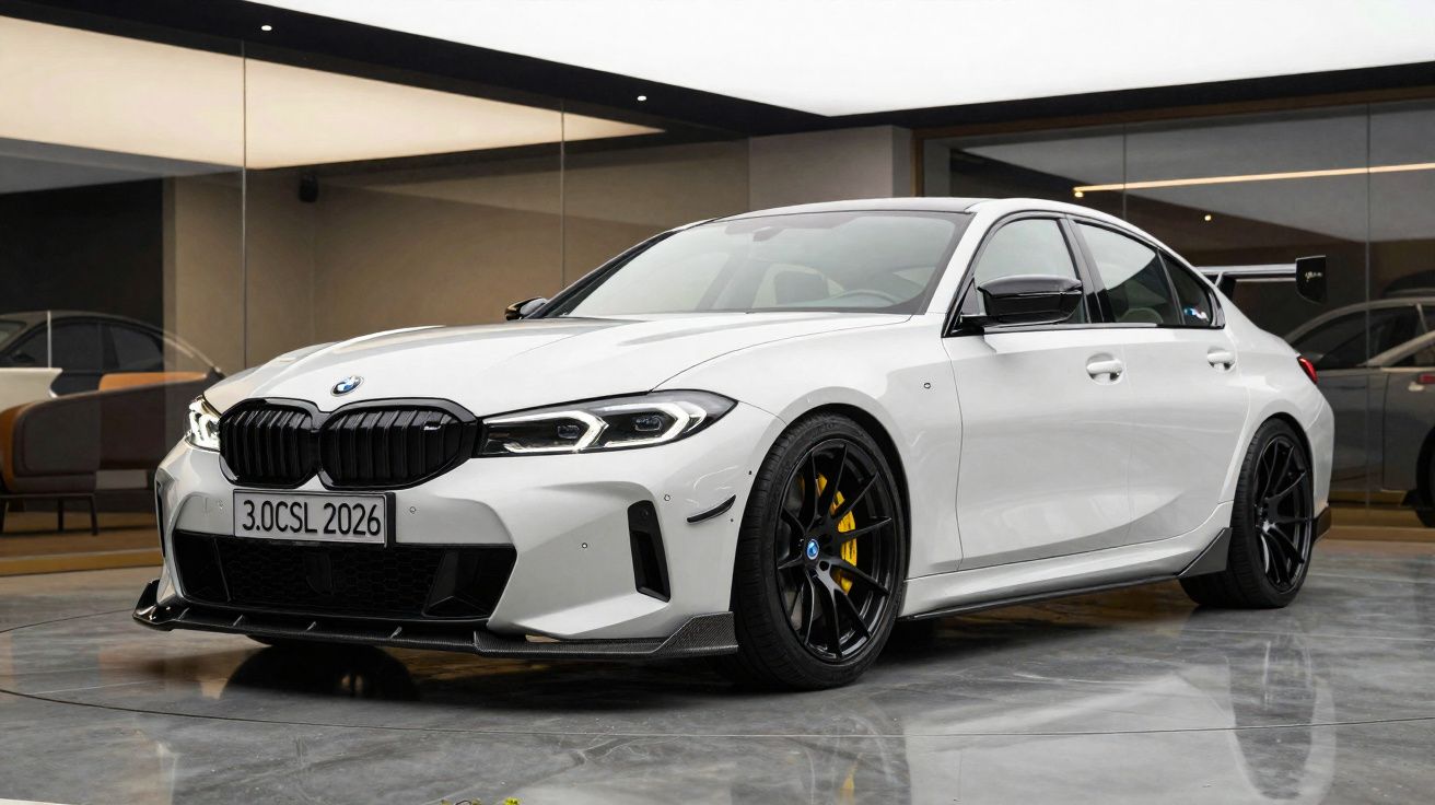 Carro BMW desportivo branco estacionado em interior moderno com jantes pretas e travões amarelos.