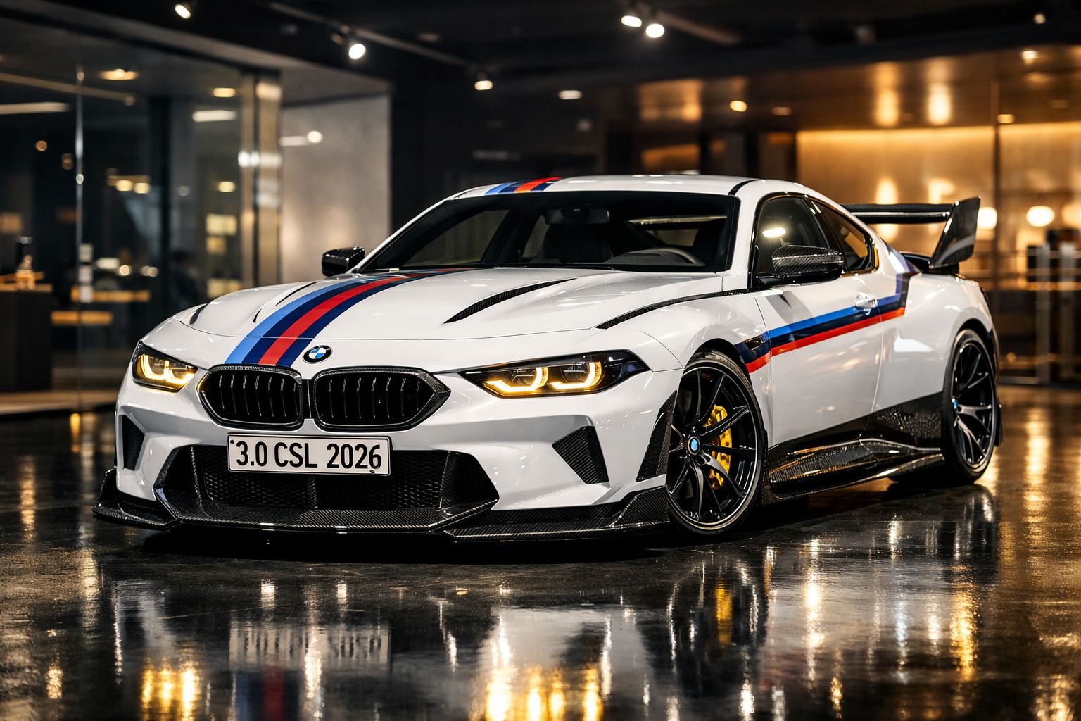 Carro desportivo BMW branco com riscas azuis e vermelhas, faróis acesos, estacionado em piso refletor.