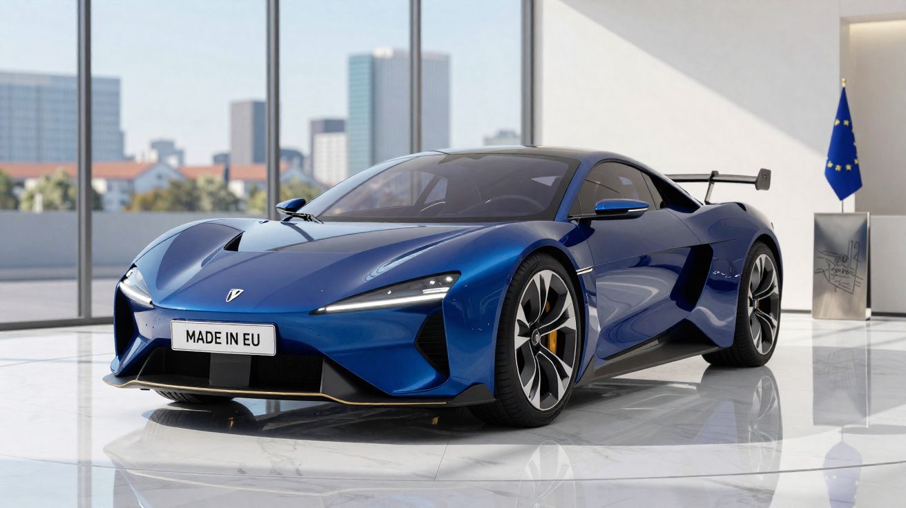 Carro desportivo azul metálico com design aerodinâmico exposto em ambiente moderno e luminoso.