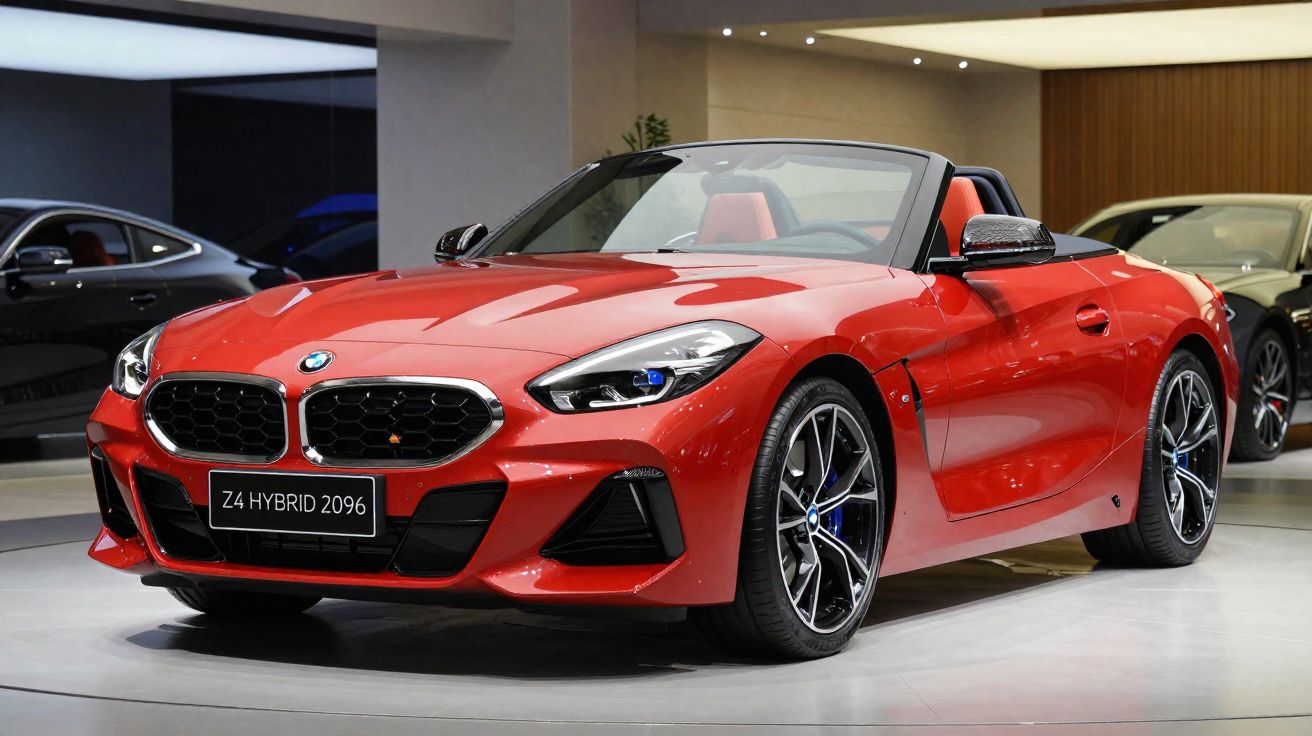 Carro desportivo descapotável BMW Z4 híbrido vermelho em exposição num salão automóvel.