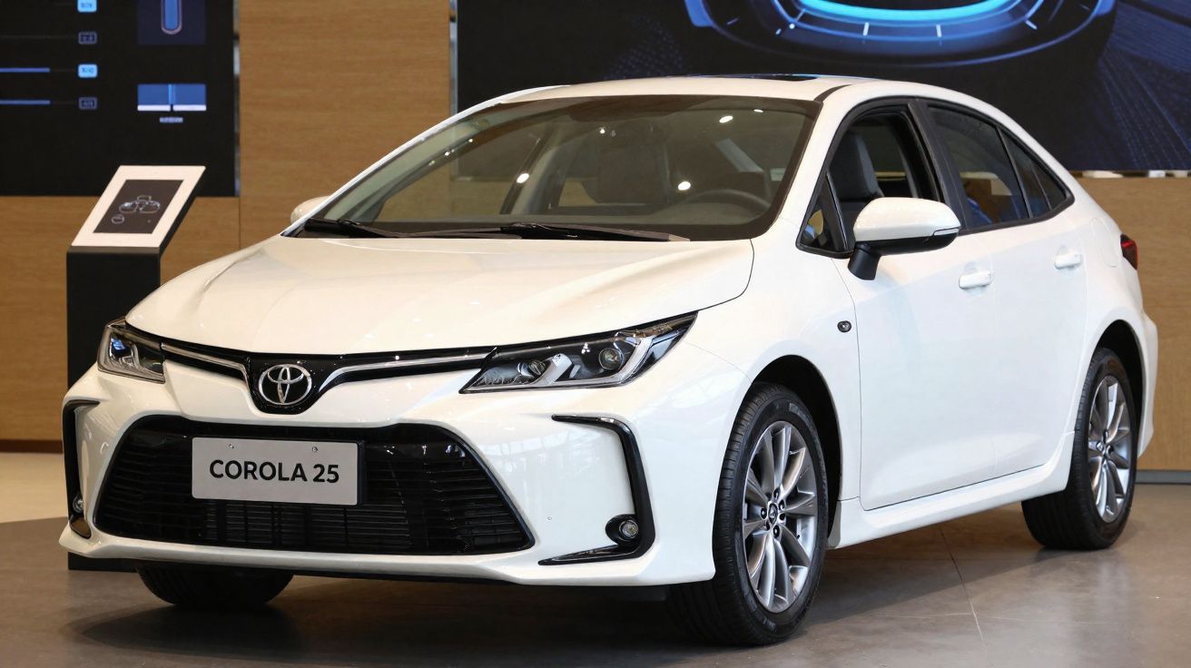 Carro Toyota Corolla 25 branco estacionado em espaço interior, vista frontal ligeira direita.