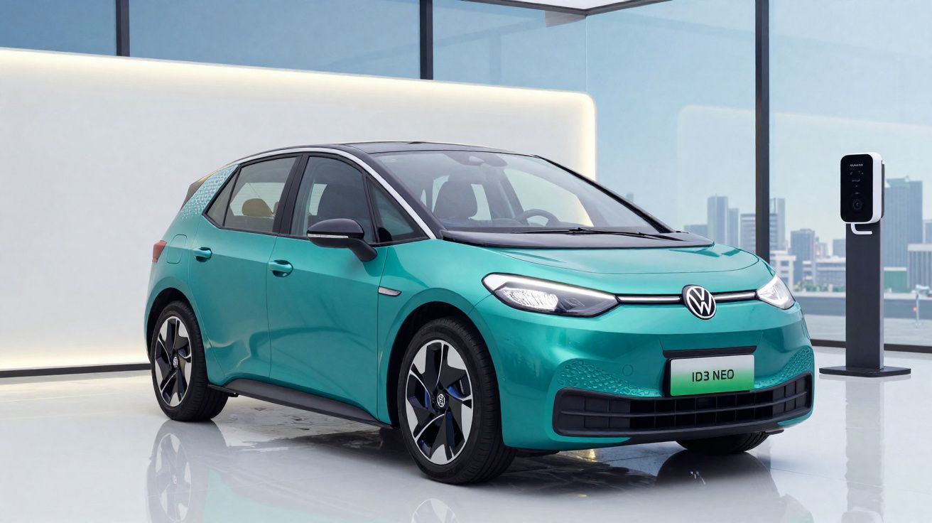Carro elétrico Volkswagen ID3 Neo verde com teto preto, estacionado junto a posto de carregamento em espaço moderno.