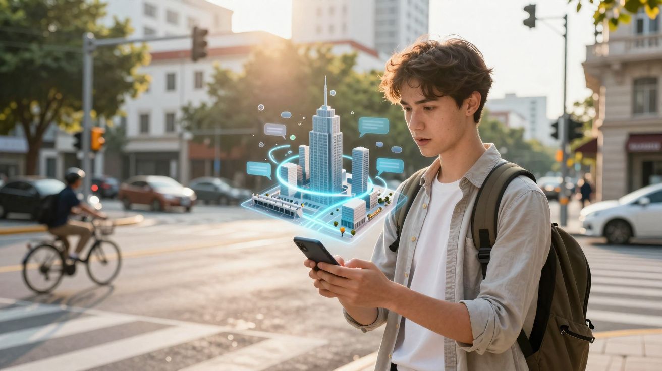 Jovem numa rua urbana a usar telemóvel com holograma digital de edifícios a flutuar acima.