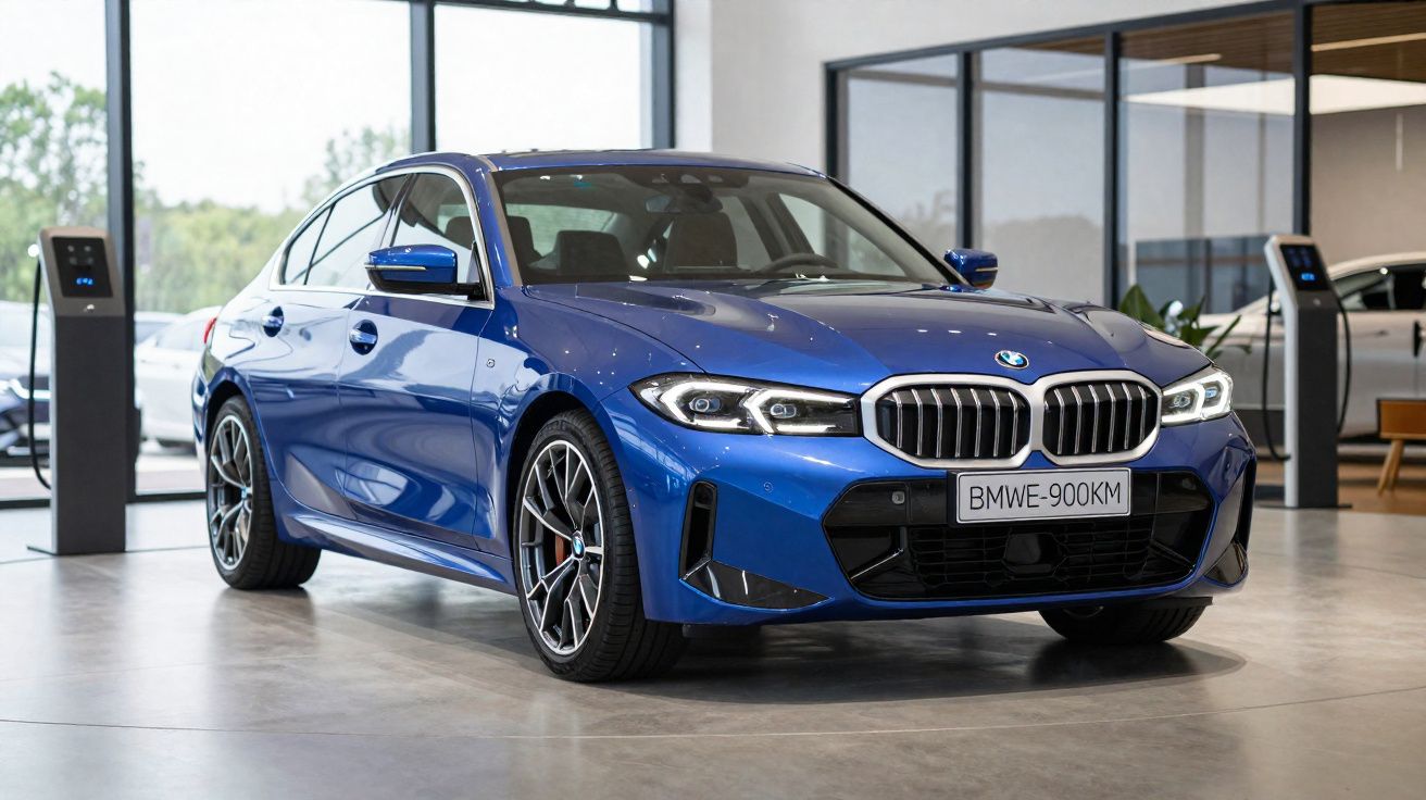 Carro desportivo BMW azul estacionado em showroom moderno com vidros grandes e chão polido.
