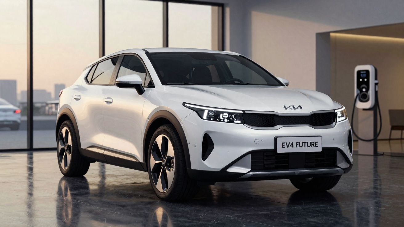 Carro elétrico Kia EV4 branco estacionado junto a posto de carregamento num showroom moderno.