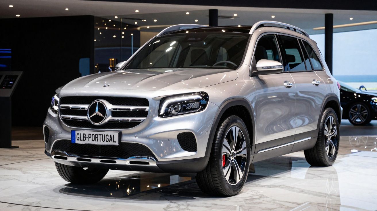 Carro Mercedes-Benz GLB prata estacionado em showroom com iluminação moderna e chão de mármore.
