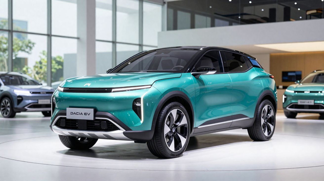 Carro elétrico moderno azul turquesa em exposição num salão automóvel com outras viaturas ao fundo.