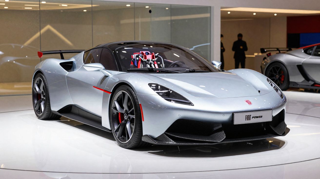 Carro desportivo cinza metálico em exposição numa plataforma branca, com design aerodinâmico e detalhes vermelhos.