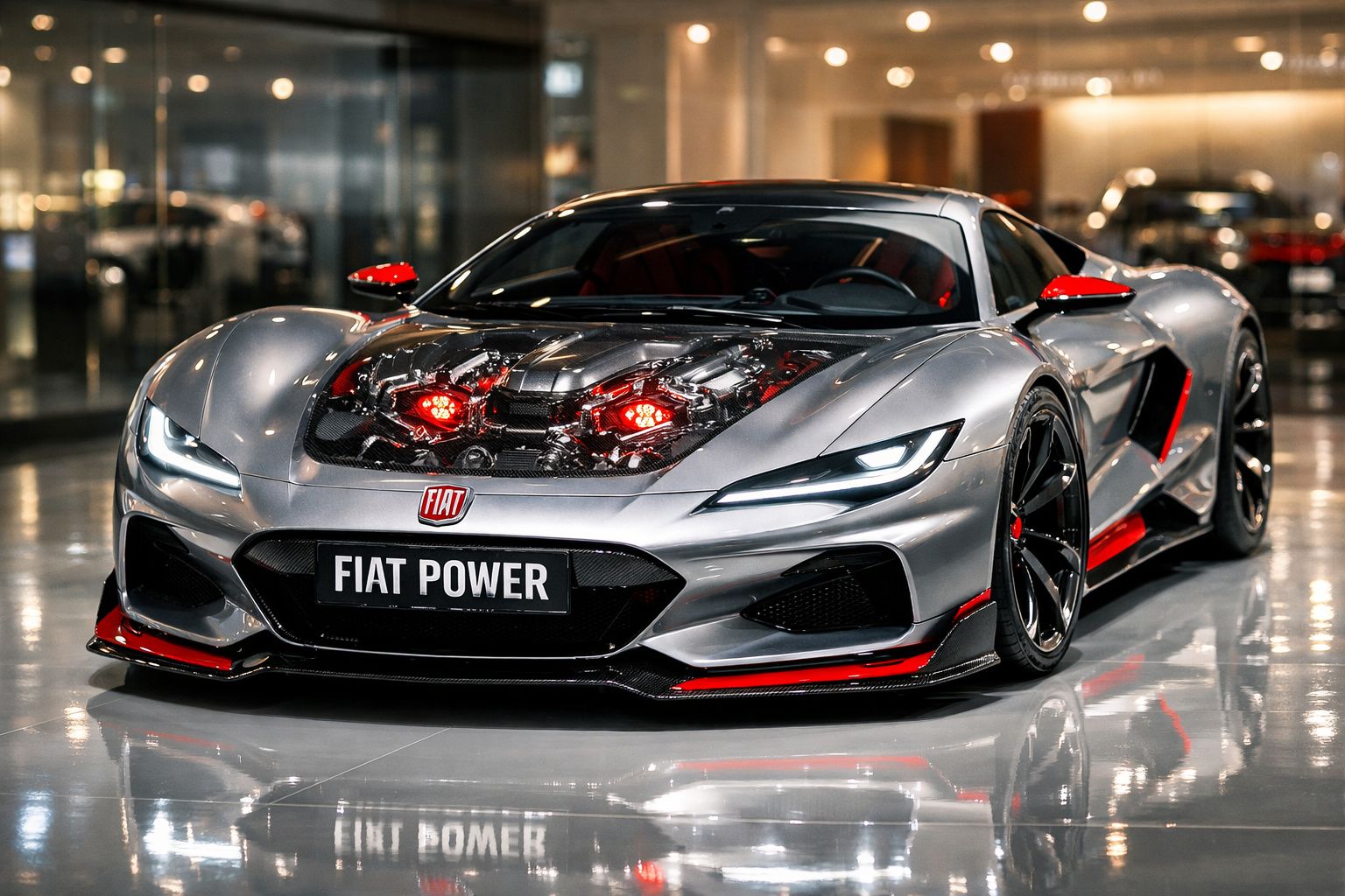 Carro desportivo Fiat prata com detalhes em vermelho e motor visível no capot, em ambiente fechado.