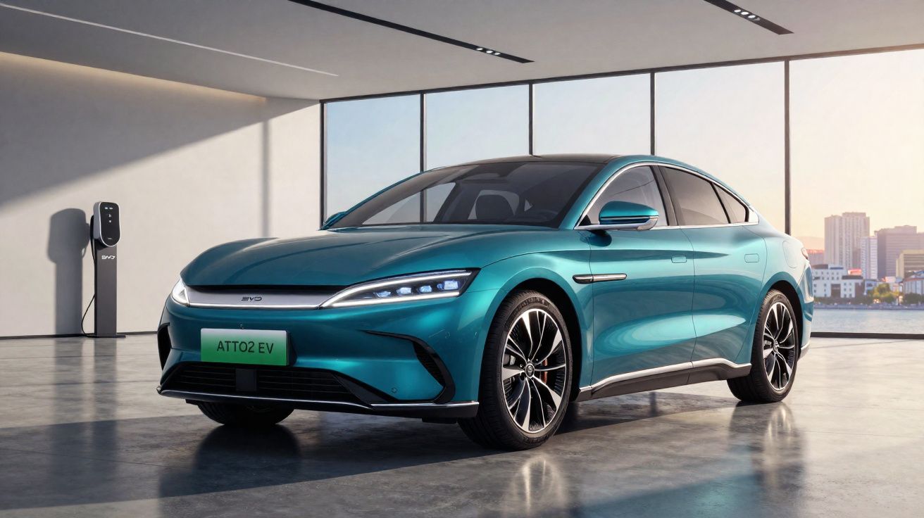 Carro elétrico sedã verde metálico estacionado em garagem moderna com estação de carregamento e vista urbana ao fundo.