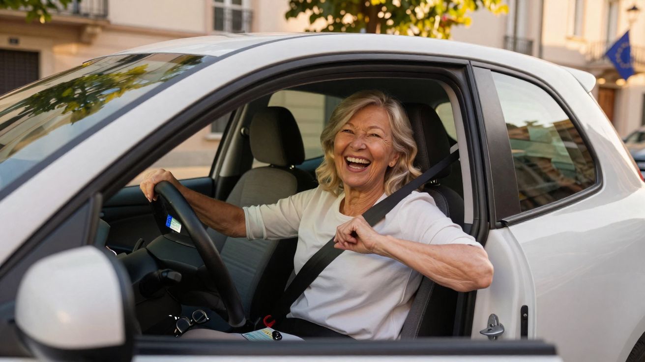 Mulher sénior sorridente a apertar o cinto de segurança dentro de um carro branco estacionado.