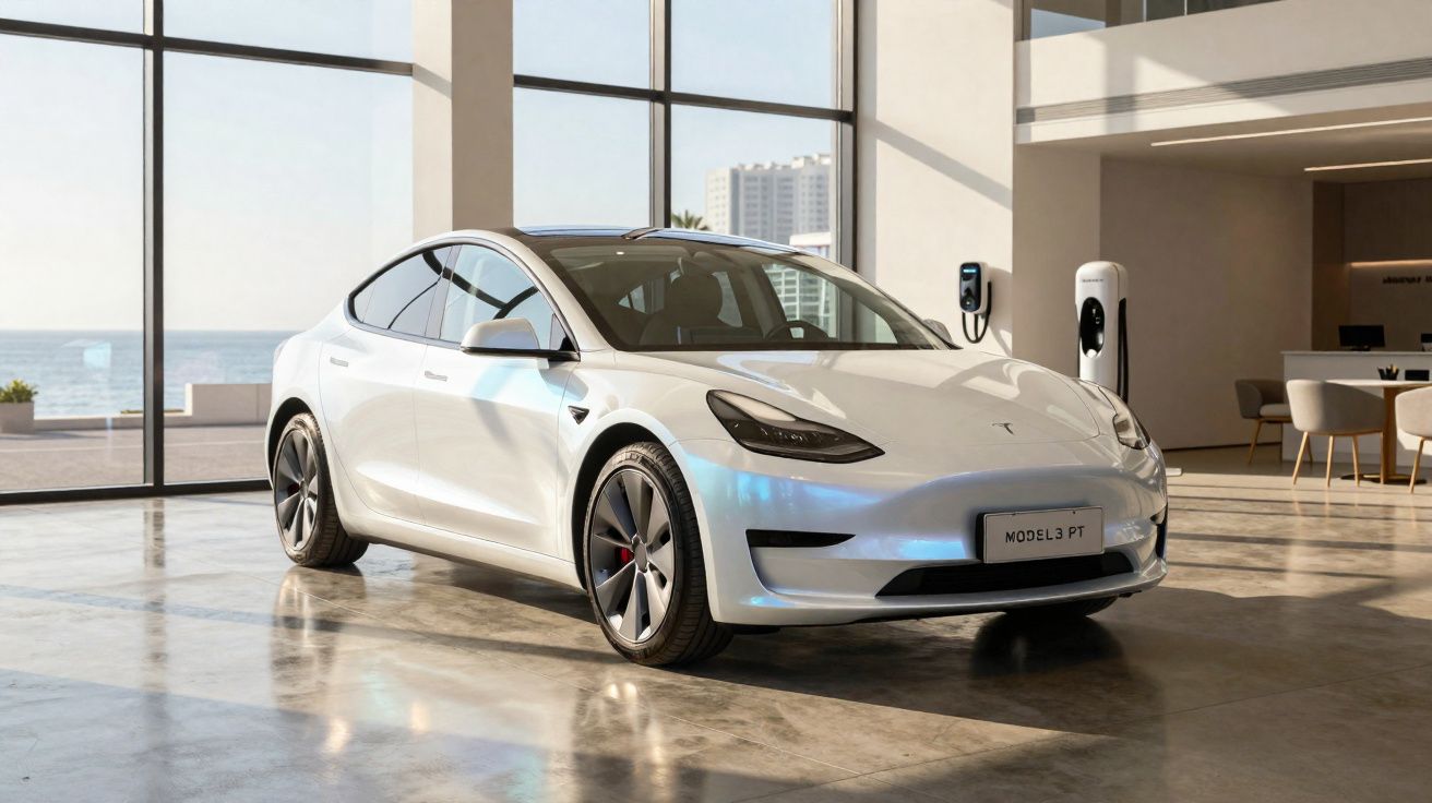 Carro eléctrico Tesla Model 3 branco estacionado em showroom moderno com janelas grandes e vista para o mar.