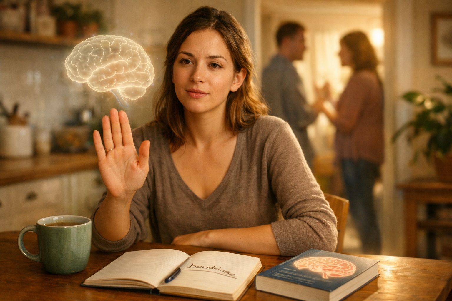 Mulher sentada à mesa com livro aberto, gesto de mão e imagem digital de cérebro flutuante à frente.