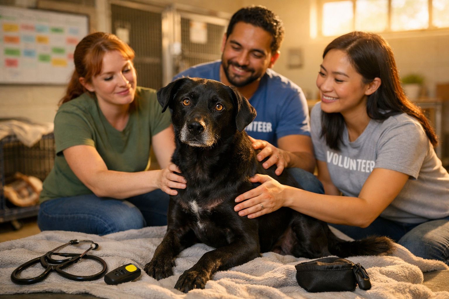 Três voluntários acariciam um cão preto num abrigo, com equipamentos veterinários ao lado.
