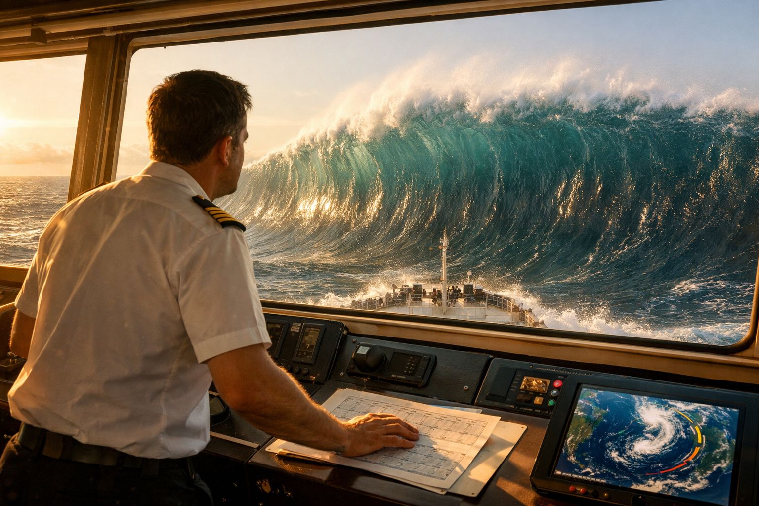 Piloto naval observa onda gigante prestes a atingir o navio a partir da ponte de comando.