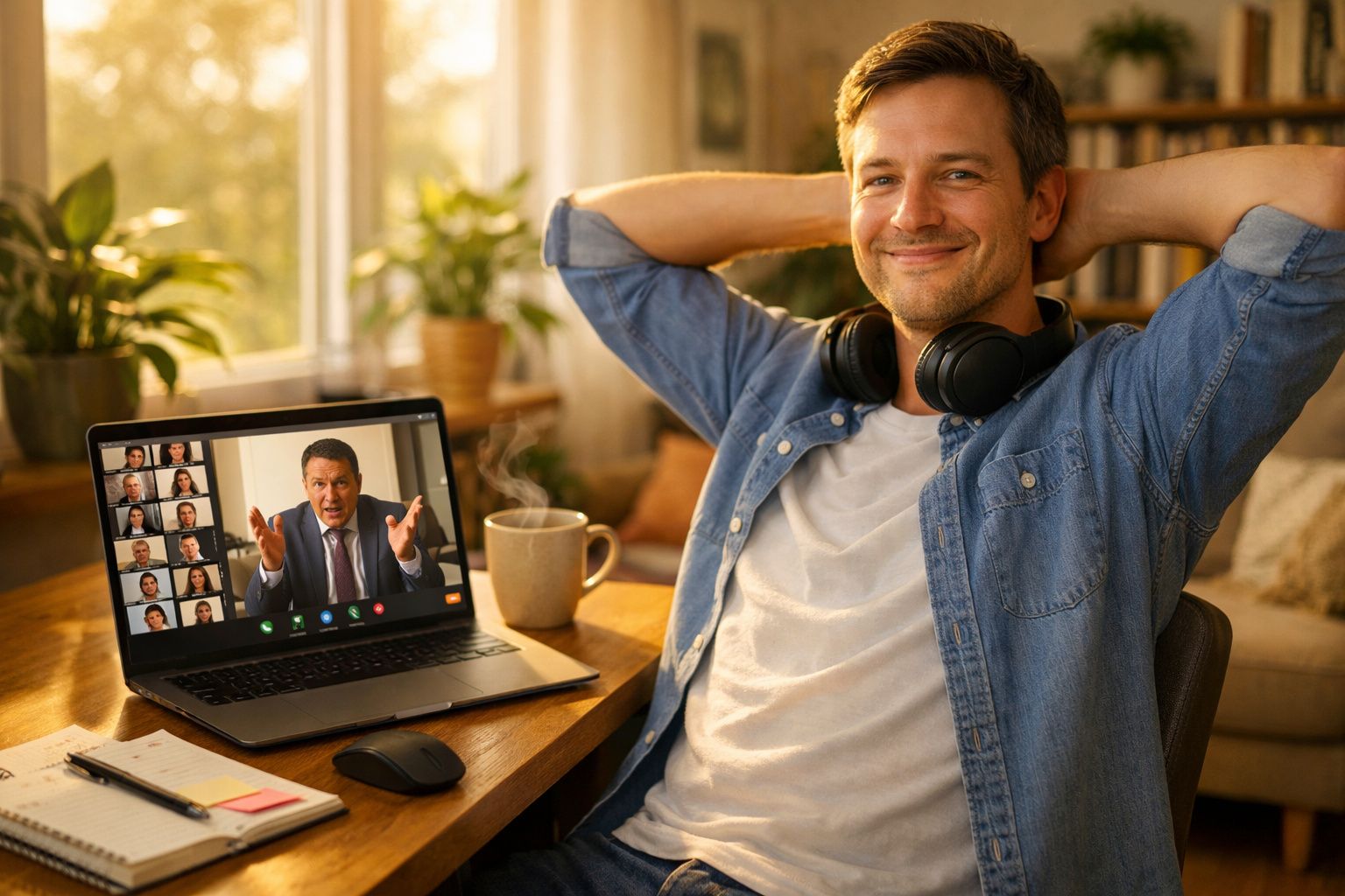 Homem sorridente com auscultadores no pescoço sentado em teletrabalho junto a computador em videochamada.