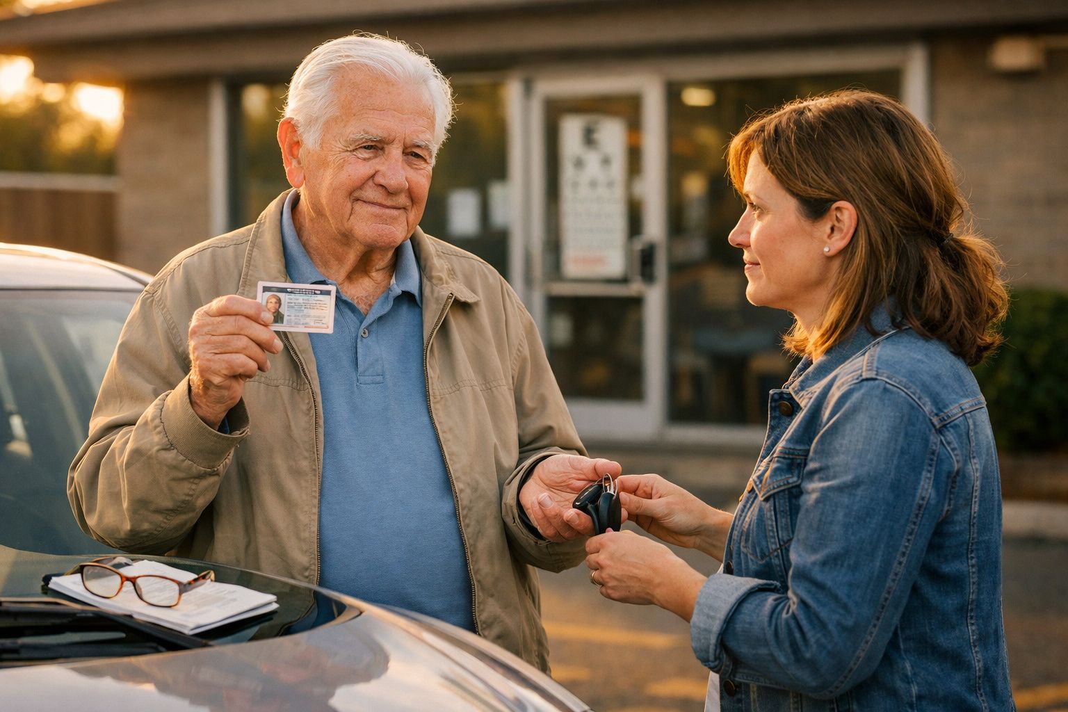 Homem idoso mostra carta de condução a mulher que lhe entrega as chaves de um carro estacionado.