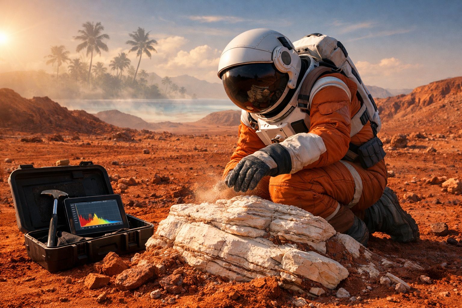 Astronauta em fato laranja analisa rochas num terreno árido com equipamento e paisagem tropical ao fundo.